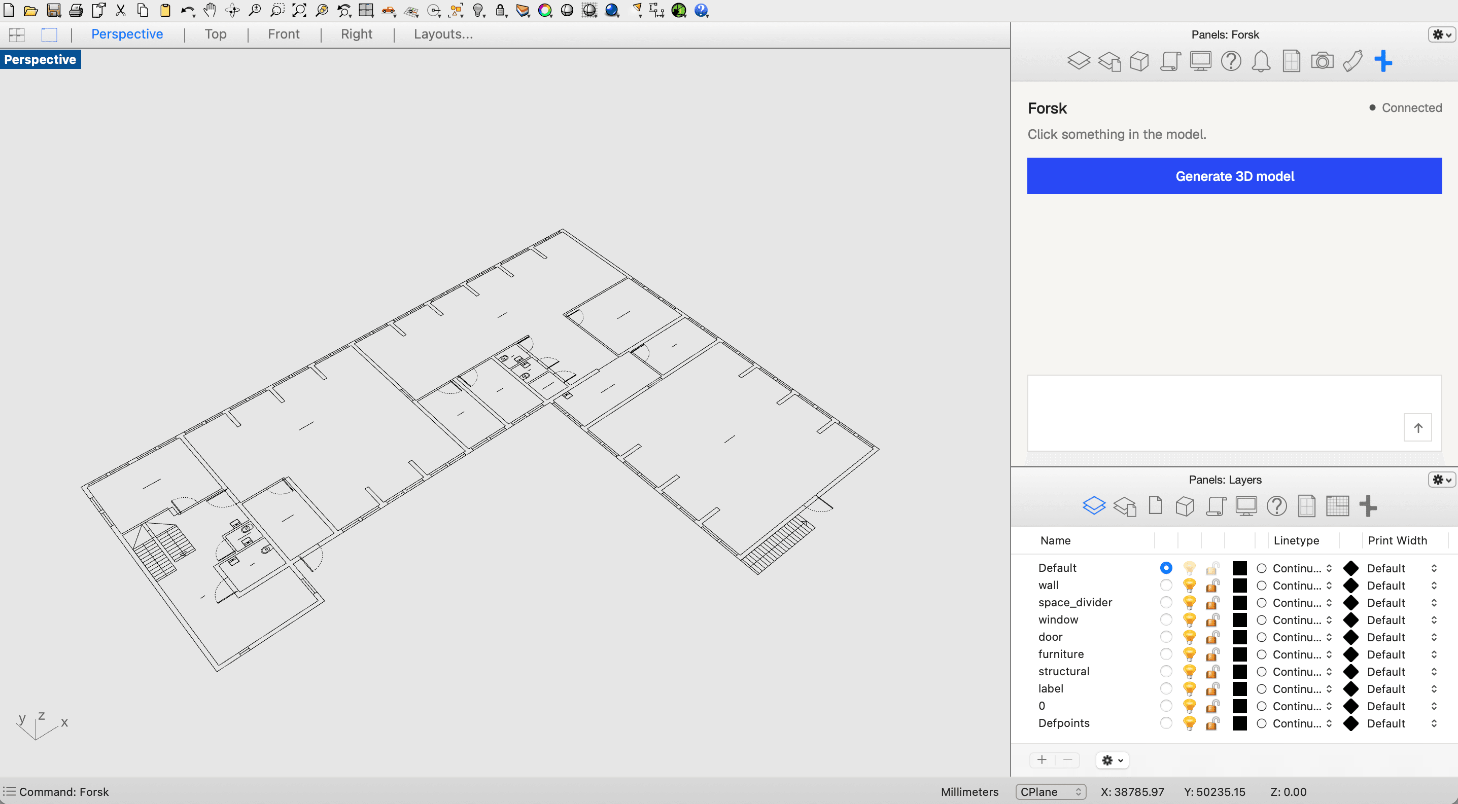 Forsk panel docked in Rhino next to an imported floor plan, ready to generate the 3D model